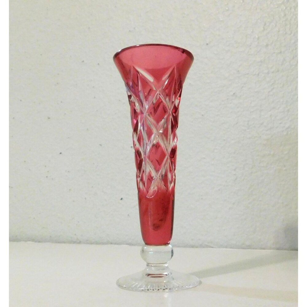 Vintage Cranberry Red Glass Bud Vase Diamond Cut Pattern Clear Pedestal Base